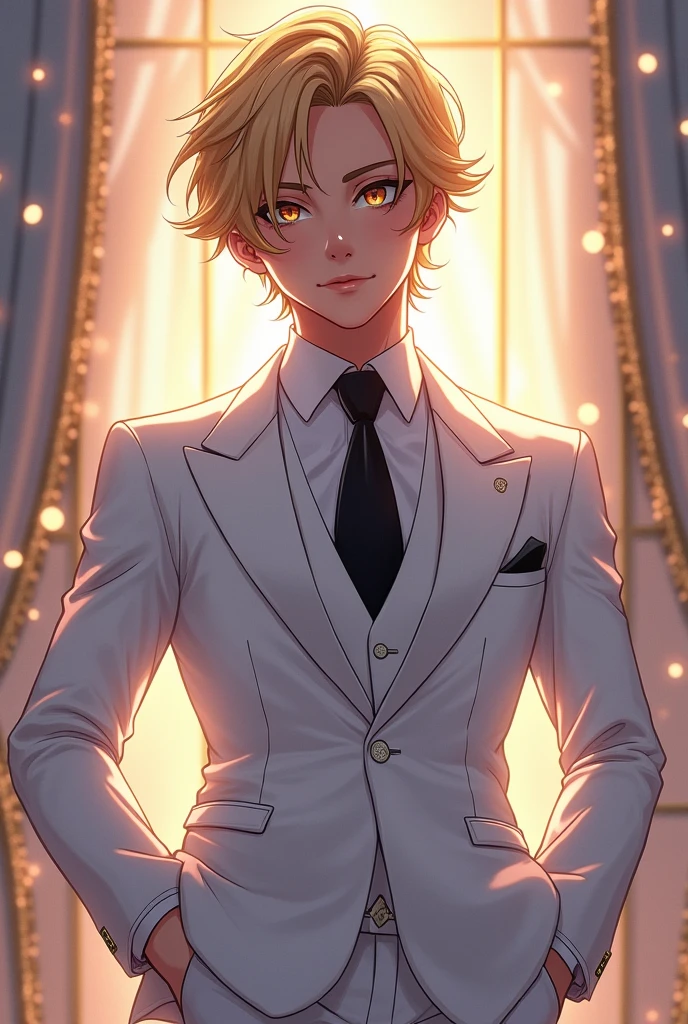 Anime art style, exquisite masterpiece showcasing Debonair Ezreal from League of Legends, elegantly clad in a tailored white suit that accentuates his refined persona, contrasting sharply with a classic black tie meticulously knotted, lustrous blonde hair styled impeccably, eyes radiating warmth and charm, dynamic pose suggesting movement and confidence, glimmering details in fabric texture captured with vibrant bold lines, background infused with a blend of soft pastels and shimmering effects, evoking a sense of wonder and excitement akin to a gala evening, central composition focusing on Ezreal in full-frame glory, delicate lighting emphasizing his features, creating captivating shadows that dance across the relevant attire, subtly illuminated by soft ambient glow reminiscent of sparkling city lights, the atmosphere tinged with an adventurous spirit and charisma, signature League of Legends flair, cell shading technique enhancing depth and vibrancy, meticulous detailing in the caricatured expression, embodying a combination of elegance and youthful audacity, showcasing the intricate anime stylistic through dynamic lines and artistic flair, enveloping viewers in a world where elegance meets heroic adventure
