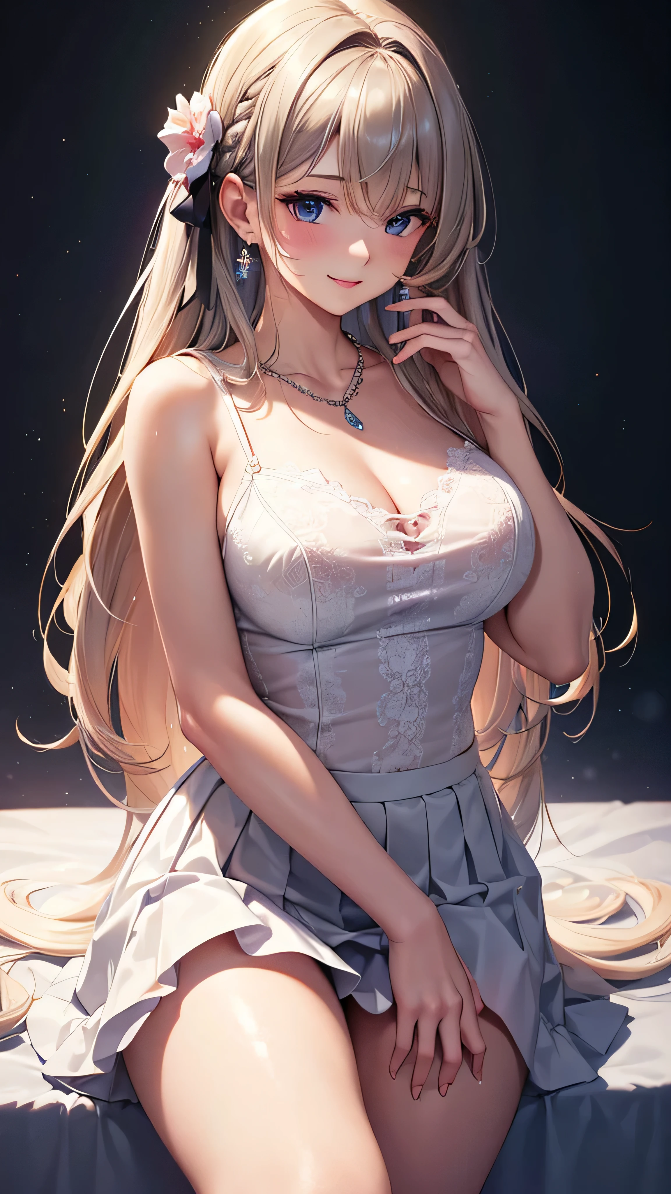 最high quality, masterpiece, High resolution, 1 girl, clear silk porcelain skirt, Pretty face, hair accessory, Looking at the audience, smile, shut up, lips, skirt, hair accessory, necklace, jewelry, Long Hair, Earrings, Pretty face, Physically, Tyndall effect, realism, Dark studio, Side lighting, 2-color illumination, (Skin with attention to detail: 1.2), 8kウルトラHD, Digital single-lens reflex camera, Soft Light, high quality, Volumetric lighting, photograph, High resolution 4K, 8k, Blurred Background, Octane Rendering