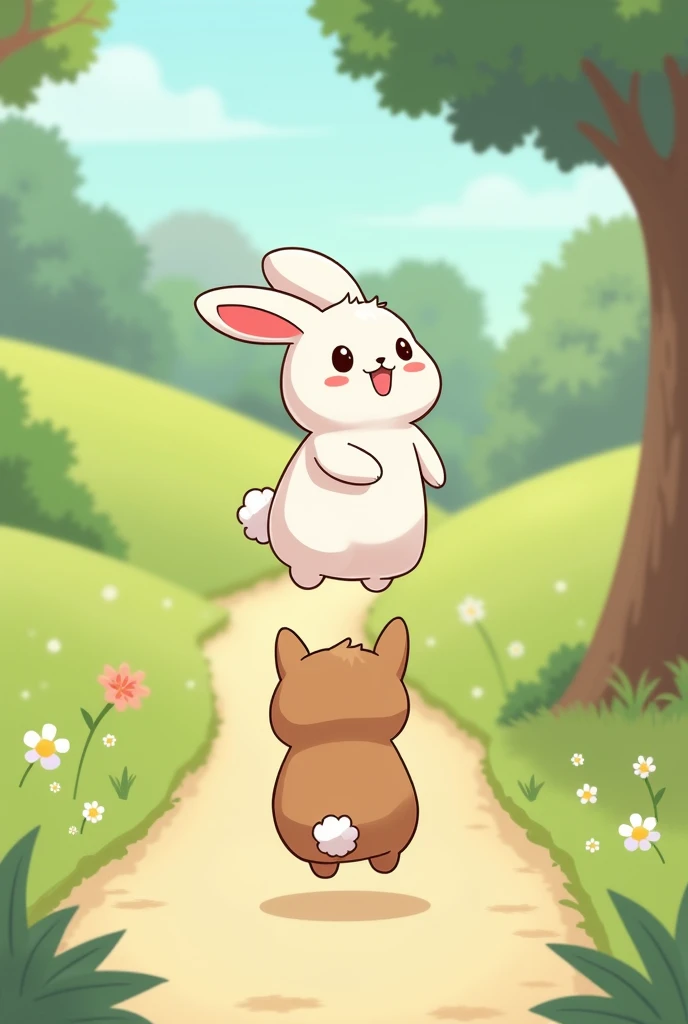 A clumsy cute little bunny jump over another an other little bunny in park 