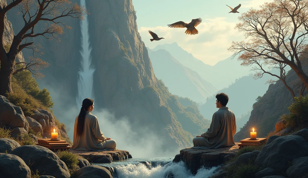 generate 2 person meditating on an ancient mountain next to a table with books and an ancient candle with a cat and in front there is a waterfall and brown birds flying with dry trees on one side and mature trees on the other