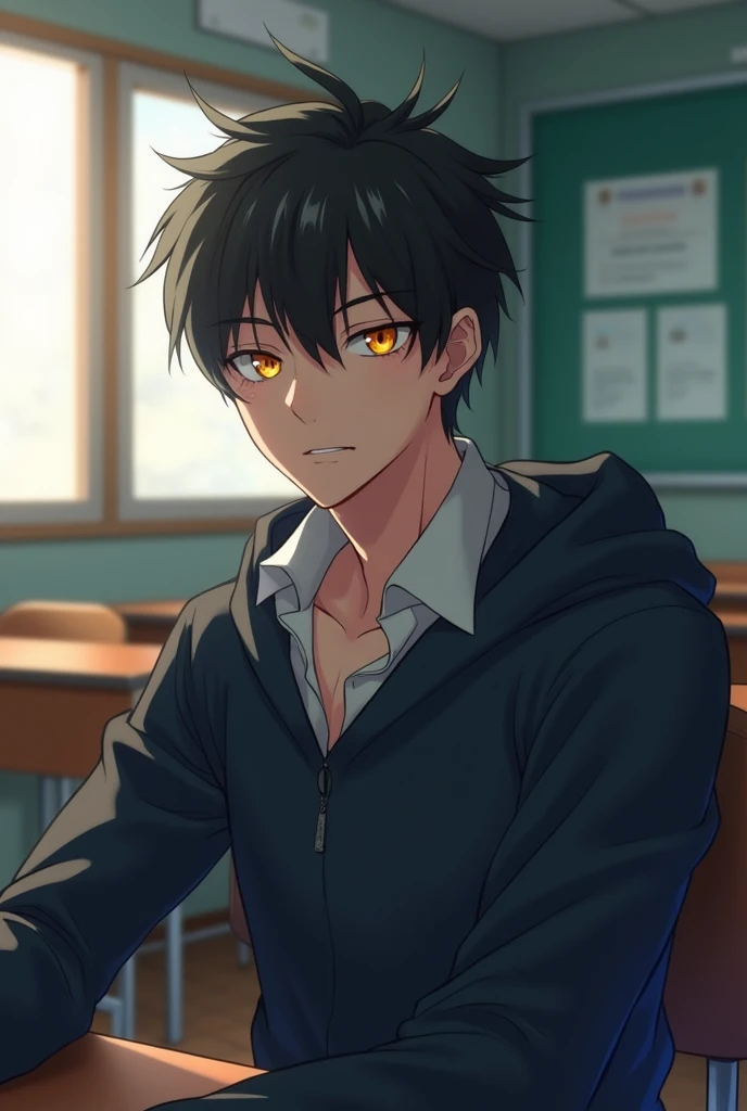 ((Best Quality)), ((masterpiece)), ((detailed)), ((High Definition)), A  high school student in anime style, with honey-colored eyes and short black hair. He is very handsome, attractive,  distant, calculating, great and cool. He wears his school uniform. He looks strong, relaxed, and his face is stoic. The lighting is soft, highlighting her facial features and giving an enigmatic glow to her eyes., which gives him a somewhat intimidating air of leadership.. Pose that reflects his boredom, He is sitting in his seat, which makes him look like a bad boy. A classroom in the background. all in anime style.