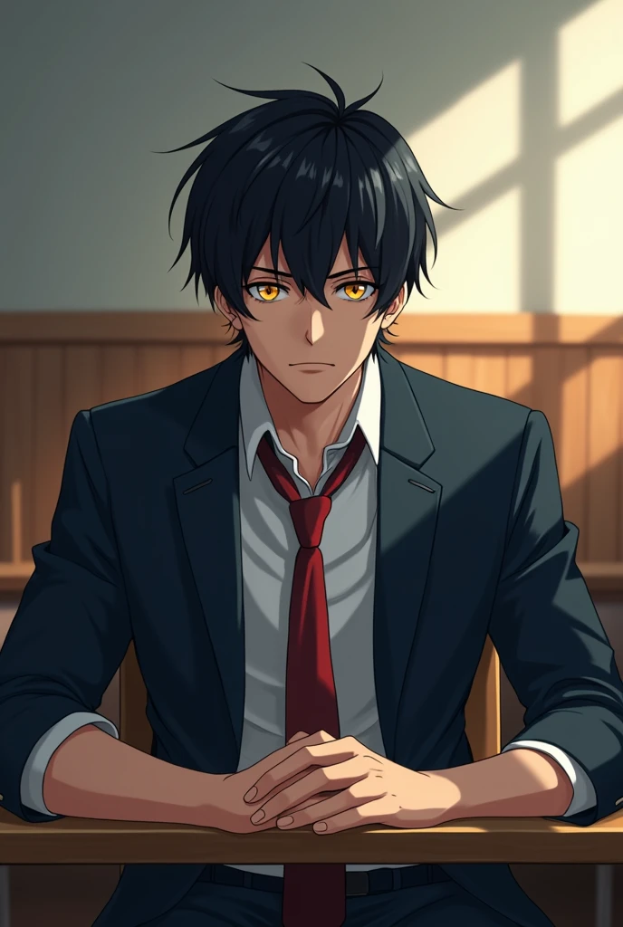 ((Best Quality)), ((masterpiece)), ((detailed)), ((High Definition)), A  high school student in anime style, with honey-colored eyes and short black hair. He is very handsome, attractive,  distant, calculating, great and cool. He wears his school uniform. He looks strong, relaxed, and his face is stoic. The lighting is soft, highlighting her facial features and giving an enigmatic glow to her eyes., which gives him a somewhat intimidating air of leadership.. Pose that reflects his boredom, He is sitting in his seat, which makes him look like a bad boy. A classroom in the background. all in anime style.