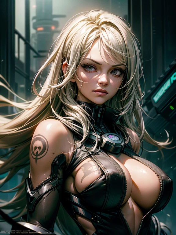 Detailed portrait cyberpunk (sks woman) (40 year old sks woman), futuristic neon reflective wear, sci-fi, robot parts, ismail inceoglu dragan bibin hans thoma greg rutkowski alexandros pyromallis nekro rene margitte illustrated, perfect face, round breasts, wide hips, ((tattoo)), blonde (long hair),, matte skin, pores, wrinkles, hyperdetailed, hyperrealistic,, Moody Lighting, Hasselblad Award Winner, Soft Diffuse Lighting, Smirk,, machine face, fine details, realistic shaded, intricate, elegant