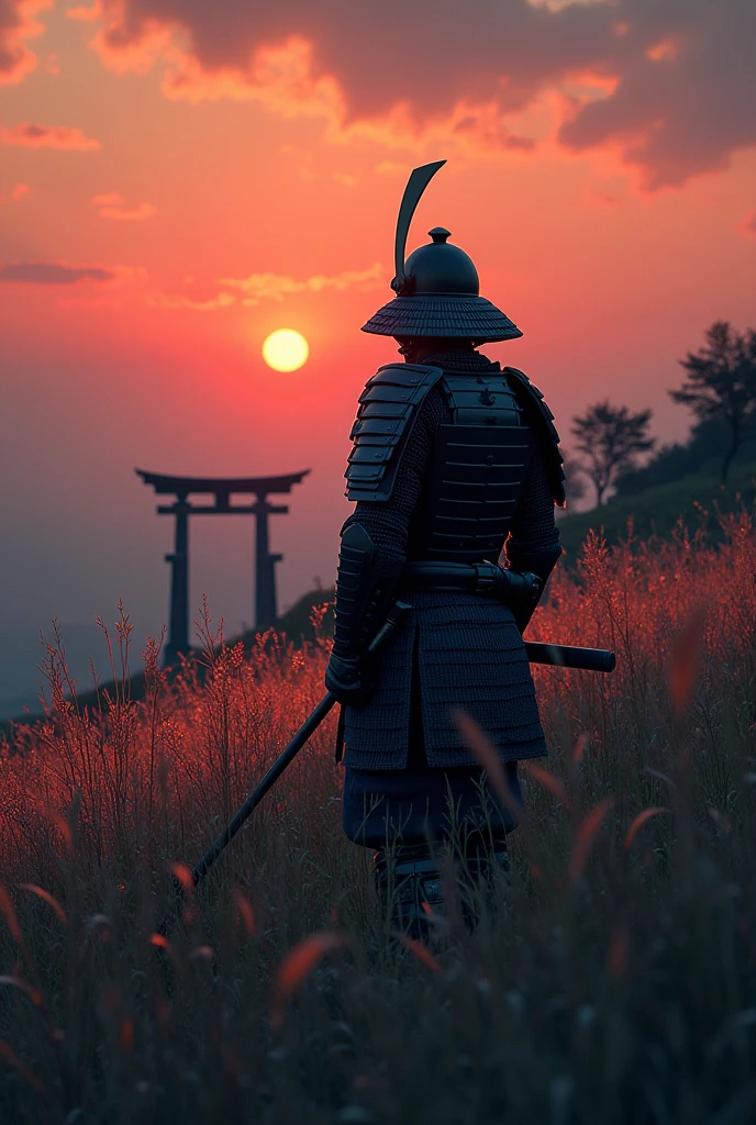 Imagine a samurai standing with his back to the ground in traditional armor, with defined details and a firm stance, sitting in the tall grass that sways gently in the wind. The sun is setting on the horizon, tinting the sky with warm hues of orange and red, that reflect on the samurai&#39;s armor. Ao fundo, there is only one tori gate, with its red columns and dashes, rising against the backdrop of twilight. The environment conveys a sense of tranquility and reflection, highlighting the figure of the samurai in a moment of serenity and connection with nature.