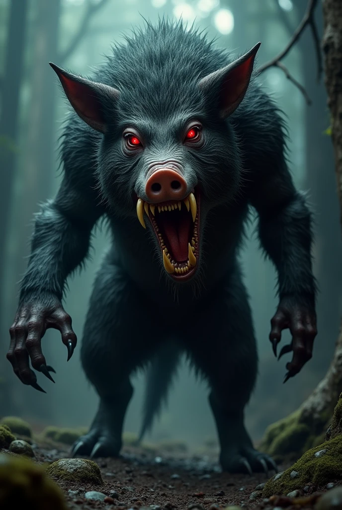 Werewolf with a pig's snout , with teeth sticking out and all hairy and black, with human body, glowing red eyes