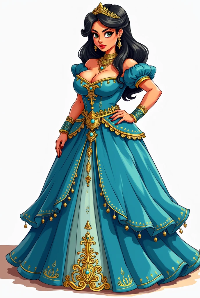 Drawing Cartoon big girl wearing a Beautiful volume and fluffy dress , make it like Arab princess She puts her hand on her waist and wears an outfit decorated with an Arabic-Islamic decoration Painted in beautiful colors with 2d drawing and make black outline more details blue and yellow and make the dress full cover and volume and fluffy