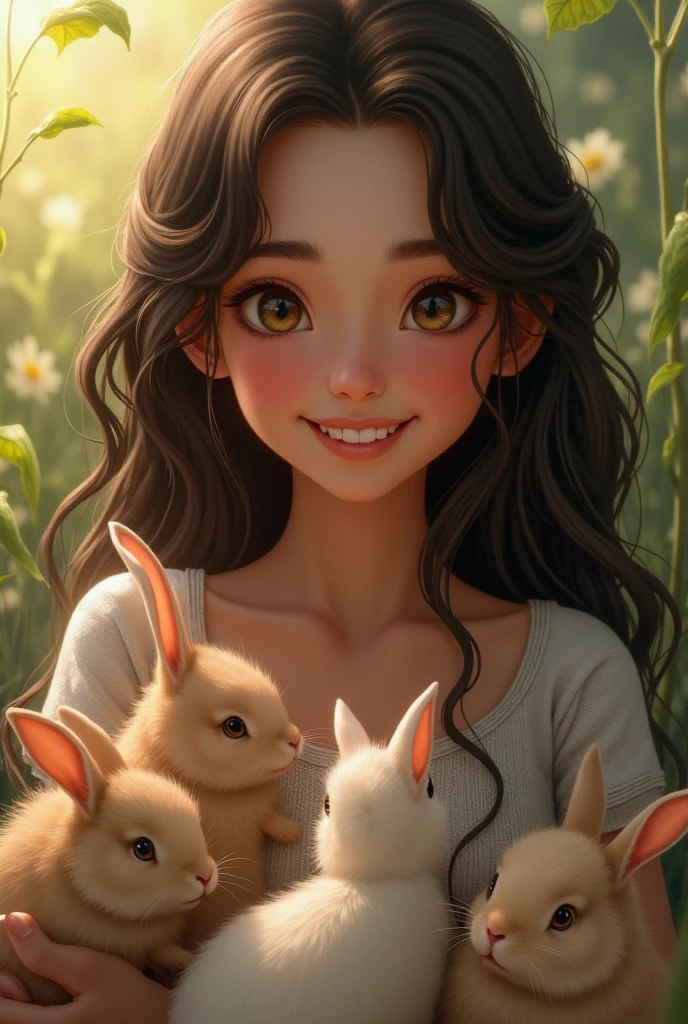 Tell me about my daughter Océane who is , very dark brown long hair slightly wavy,  beautiful cheekbones a frank smile so big and beautiful that her eyes crinkle, feeding little rabbits