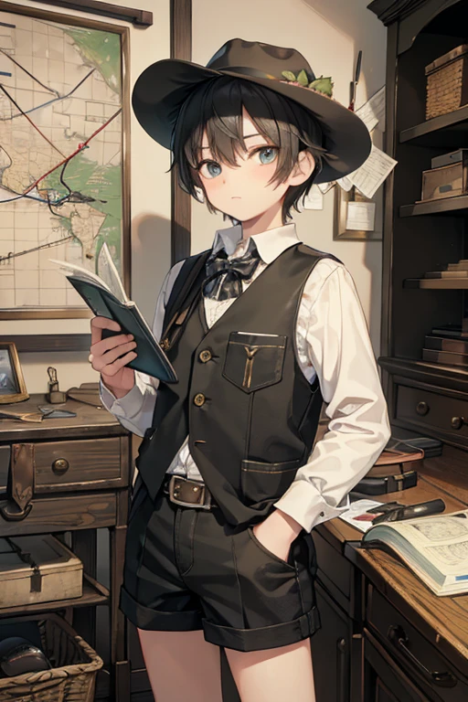 1boys,Shota,Handsome face,brunette color hair,Big spire mage hat,Dimly lit library,oil lamp,Study desk,Sewing,textile,Muppets in hand