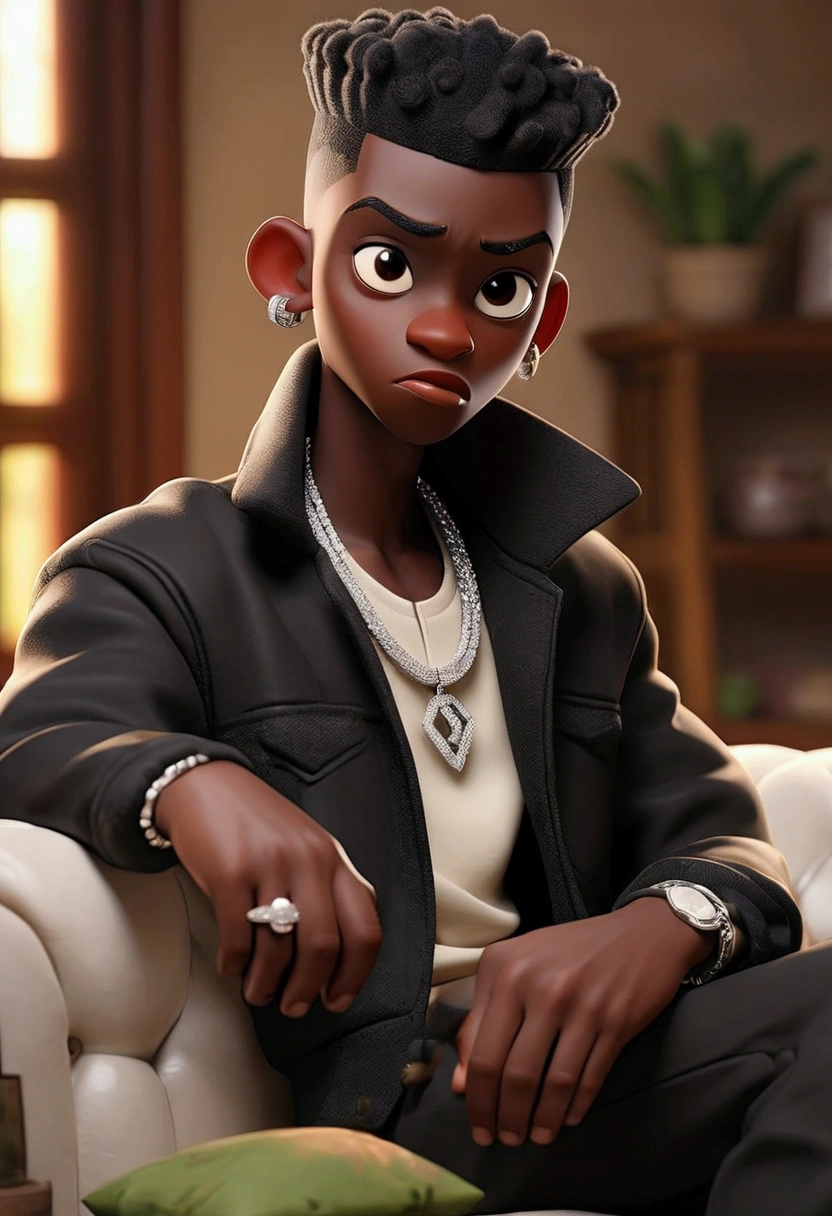 A ebony dark skinned young man that has black hair styled in a traditional Nigerian fashion. They are dressed in a black Rocky jacket over a white inner shirt and black army trousers. Around their neck is a silver diamond chain with the inscription "TØMZY." They are sitting on a two-seater brown sofa within an African home setting. Let it be in a cartoon animation