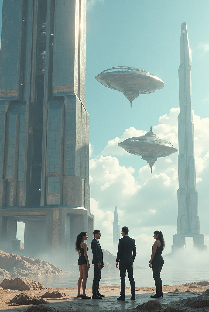 Metal buildings and floating ships in the sky and 4 people talking.