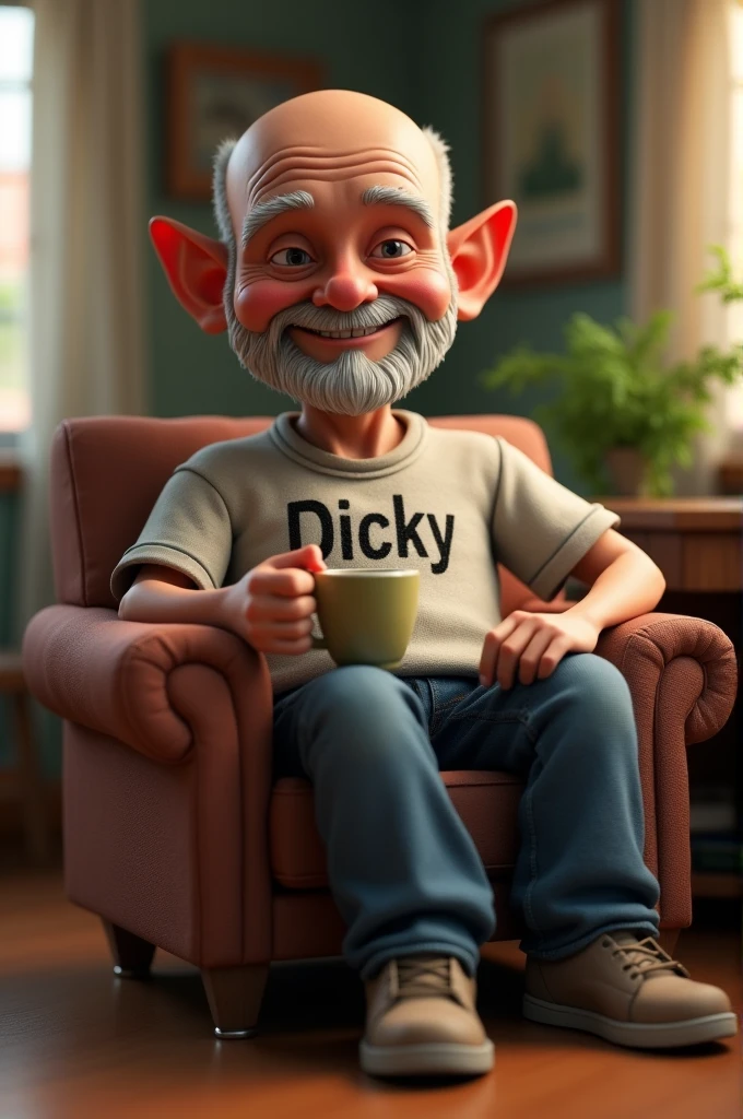 A 3D render of an elderly man with a thin bald head, wearing a t-shirt with a name "dicky", jeans, and shoes. He has a faint grey beard and mustache. The man is sitting in a chair and holding a coffee cup. The background is a cozy room with a table and a plant.