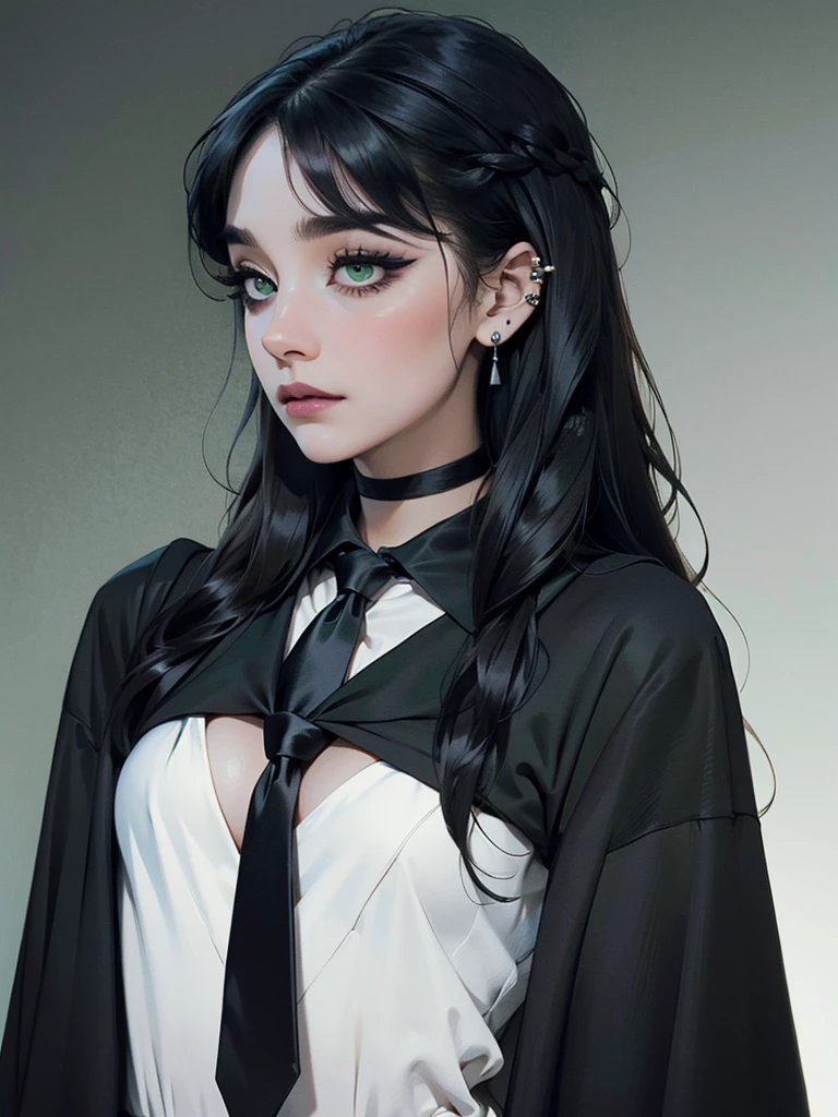 emo_hairstyle, (piercings), (black necktie), ((long hair)), ((straight hair)), (((black hair))), side swept bangs, white skin, pale, white, (green eye), tired expression, choker, ((dark makeup, mascara, eyeshadow)), multiple piercings, best quality, 8k, dark laboratory, dim lighting, , erotic, slytherin, black  robes,hogwarts robes. (((small breasts))), ((straight hair))
