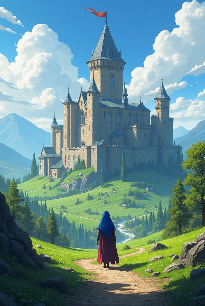 Create an image with a valley background, a castle in the background where you can see a blue-haired hero in the distance, with the background a little blurred, and create a medieval-style text box inviting you to watch the Twitch channel of the streamer Himmel THE GREAT.