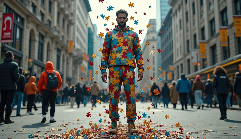 Street photography photo of a man made entirely of puzzle pieces, standing on a bustling city street, with puzzle pieces falling off him onto the sidewalk, full body framing, urban background with busy pedestrians and traffic, under natural daylight, shot from a slightly low angle, on a Leica Q2 with a 50mm lens, in the style of Tim Flach.