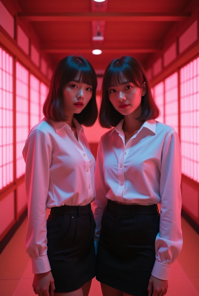 Identical twin sisters、((Japanese)) ((Plump and glossy lips)) ((Brown hair with short bob hairstyle and bangs)) ((Looking into the camera)) ((White button shirt and black enamel tight skirt)) Low angle shot of a person standing facing forward Looking down ((A room with shoji screens and tatami mats lit up with pink neon lights))
