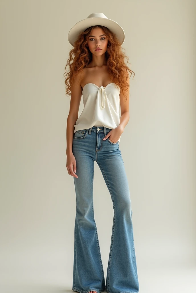 Can you create me a full body girl with honey colored curly hair and flared jeans with a sleeveless blouse and a white baker boy hat with her feet visible? 