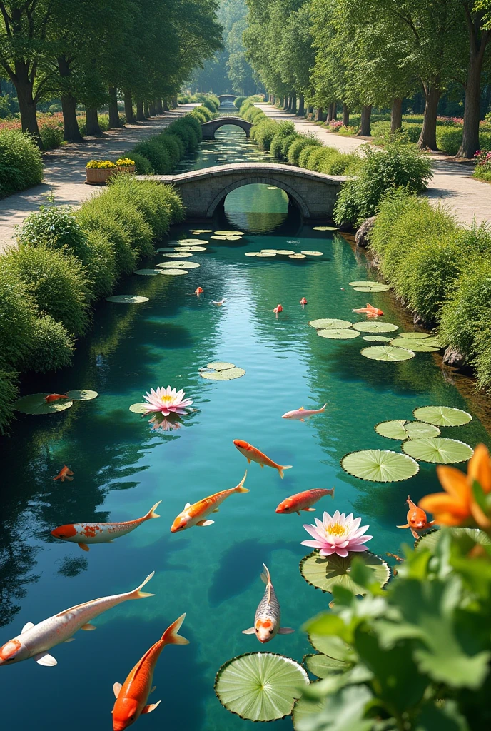 The shore of a clear pond with water lilies, colorful carp swimming, a small stream flowing into the pond, a small bridge over it, summer sunlight, bright summer flowers, a walkway around the pond, top quality images