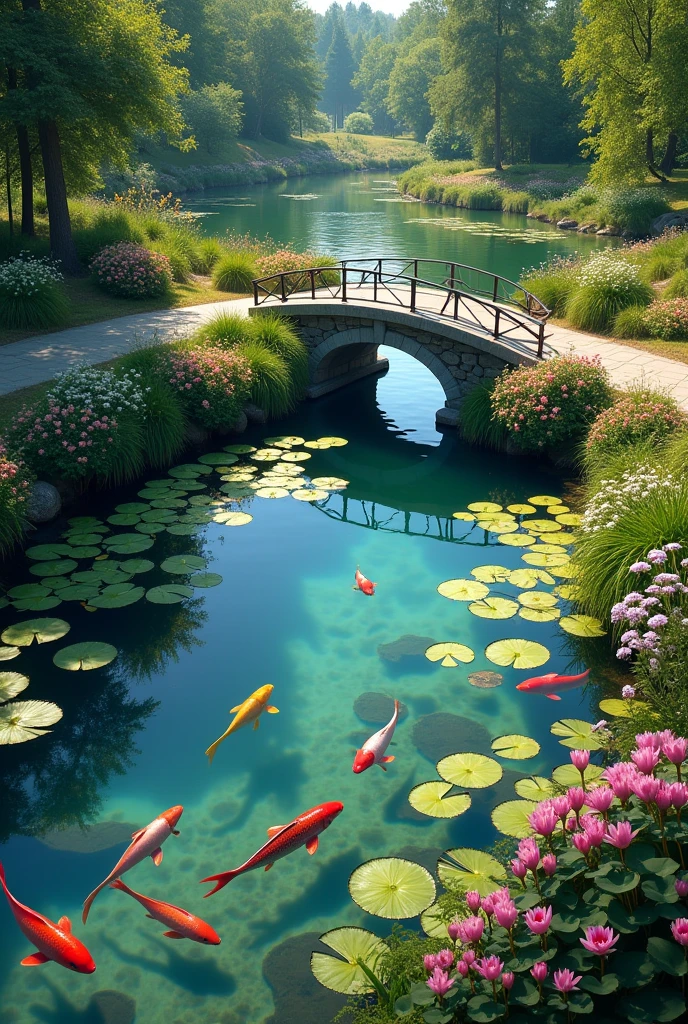 The shore of a clear pond with water lilies, colorful carp swimming, a small stream flowing into the pond, a small bridge over it, summer sunlight, bright summer flowers, a walkway around the pond, top quality images