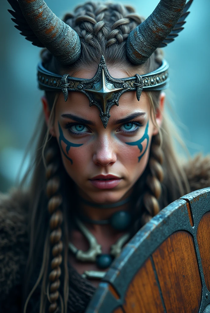 Close up face beautiful viking woman, wooden shield in hand , strong blue light in the eyes, crown of wings on the head , viking face paintings, Angry, bone ornaments on the neck, battle armor, focused, braids in hair