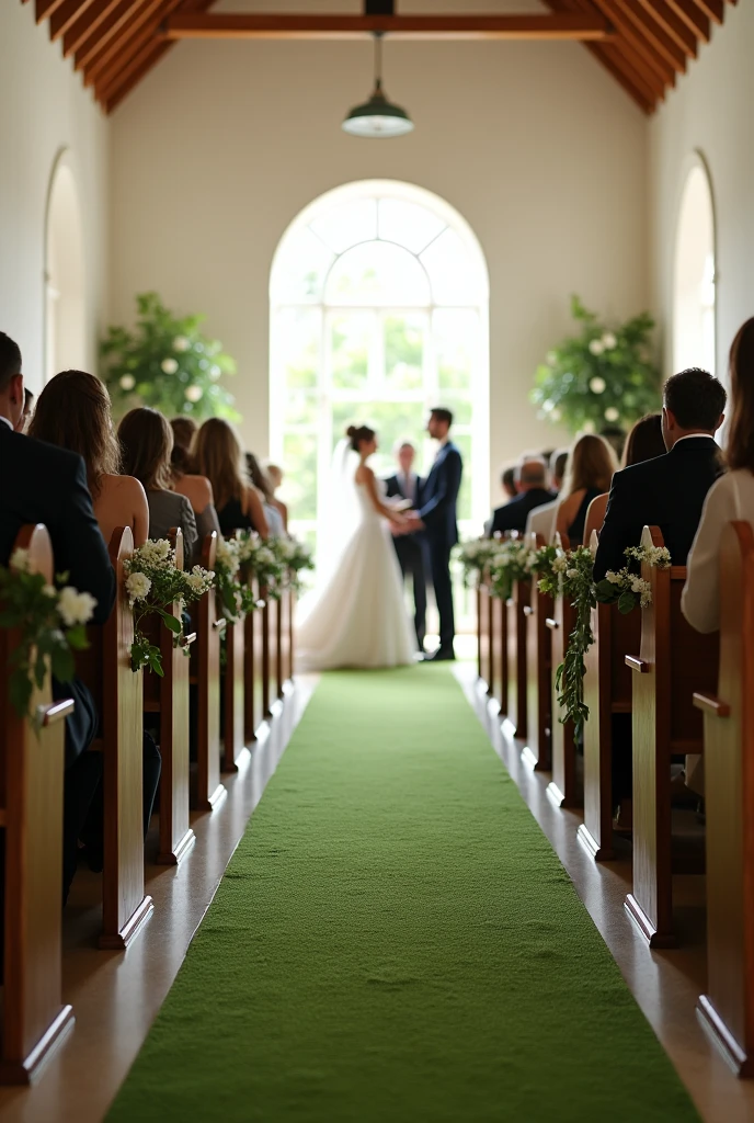 A wedding in a small church that fits a maximum of 50 people, people are filling the benches well, the benches need to be brown, the wedding will have a moss green and white palette, I want flower arrangements at home on the ends of the benches, moss green carpet to the altar, the chapel needs to be light tones, maybe white. I want a minimalist decoration, chic, posh, Simpler