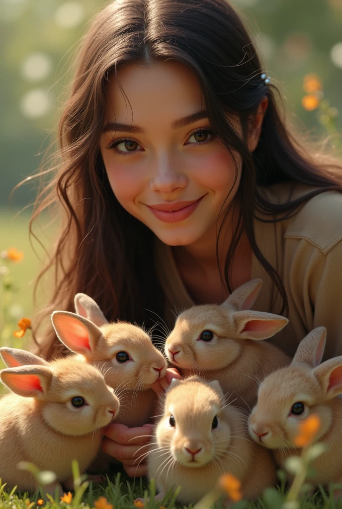Tell me about my daughter Océane who is , very dark brown long hair slightly wavy, beautiful cheekbones a frank smile so big and beautiful that her eyes crinkle, feeding little rabbits