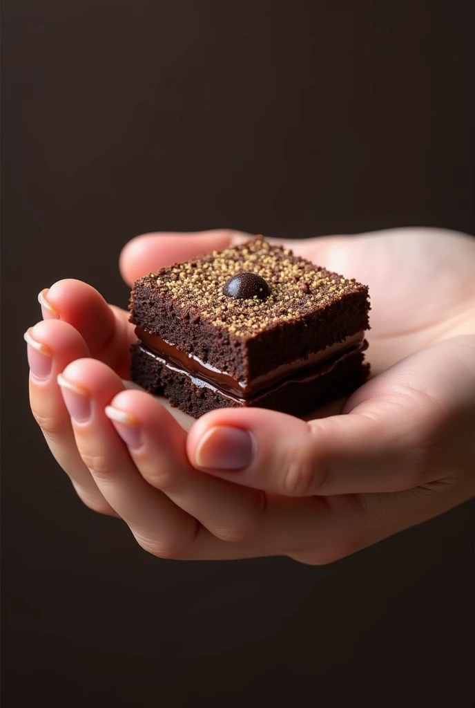 mini square cake with 2 thin layers of chocolate sponge cake with dark chocolate filling, crystallized sugar topping in a hand holding