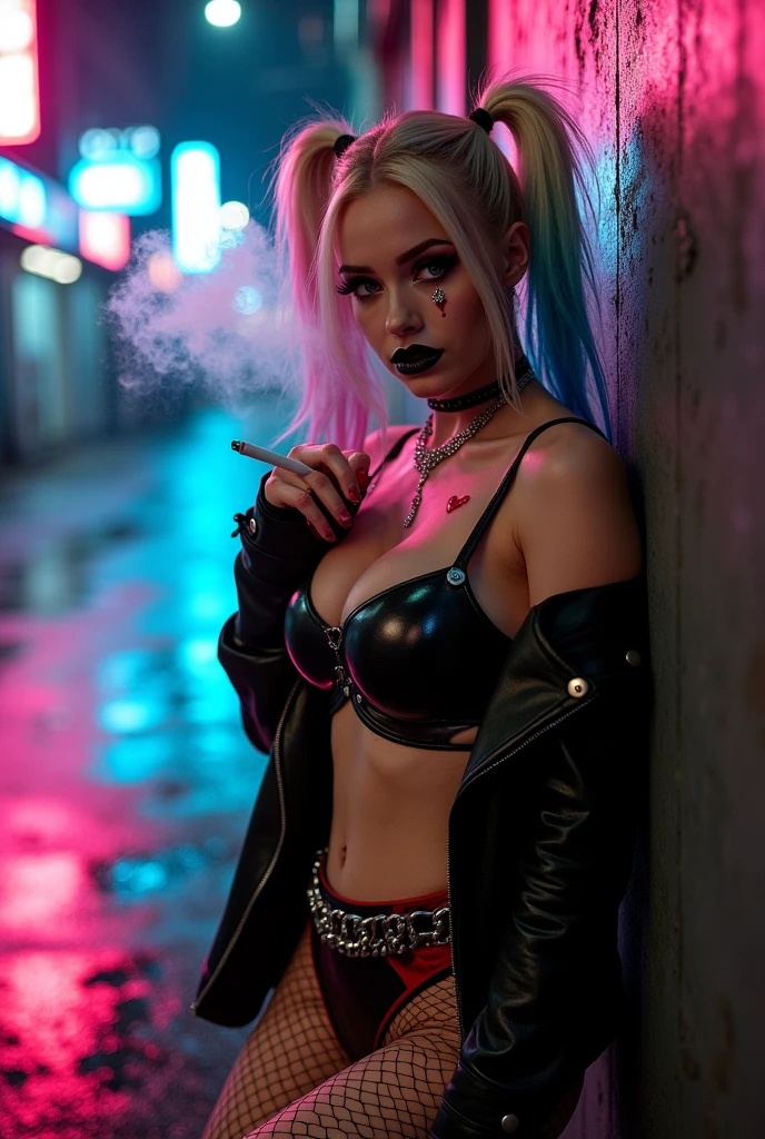 ((NSFW)) Masterpiece, portrait of a beautiful young lady with the apearance of harley quinn with pretty make-up and black and red glossy lips. She is posing seductively with a sexy and sultry expression while leaning back against the wall with her knee up and holding a cigarette, exhaling creamy thick smoke from her open mouth. Lots of smoke lingers and drifts in the air all around her. She has a tattoo of a skull and heart, and a small diamond tattoo under her eye. She has thick long blonde hair tied in twin bunches with pink and blue ends and she is wearing a small tight black and red leather jacket falling off one shoulder and tight black and red short leather skirt with chains and fishnet stockings. She is in on a city sidwalk at night with pink and blue neon lights illuminating the scene. it is raining, she is wet with wet hair. She has very large Voluptuous breasts. One hand is cupping one of her breasts. Taken by professional photographer using a canon 5D mark 3. Extremely detailed and colourful --ar 2:3 --v 6.0 --style raw --s 750