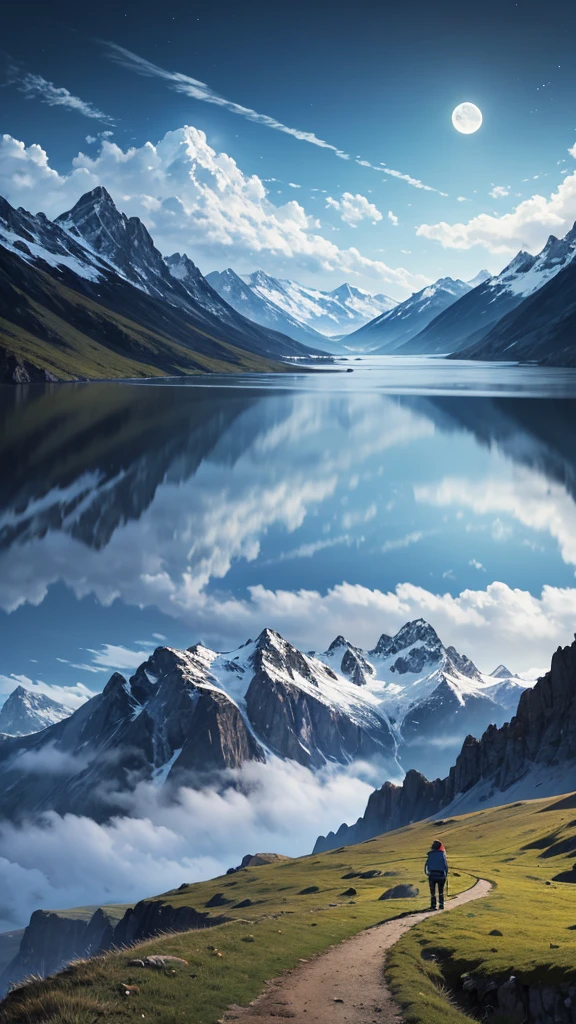 Spectacular views,Sky High,Night Sky,The full moon shines,Clouds moving,Mountain,grassland,walk,High resolution, accurate, 最high quality, high quality, Very detailed, 