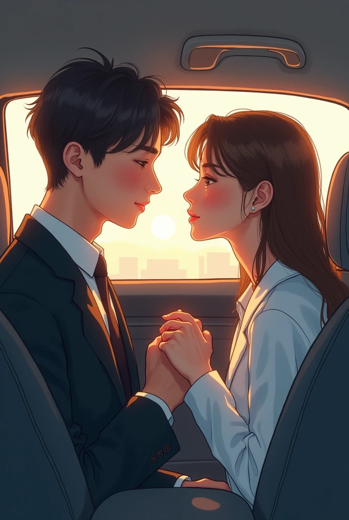 Young couple of clinical laboratory technician and a lawyer in tender drawings inside a car looking at a future