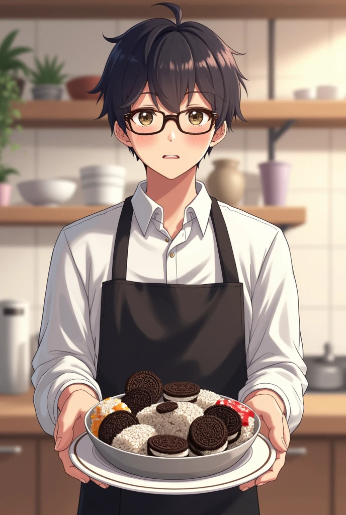 Person holding a plate with oreo sushi on top in an anime container wearing a white long-sleeved shirt with glasses on and a black apron man 