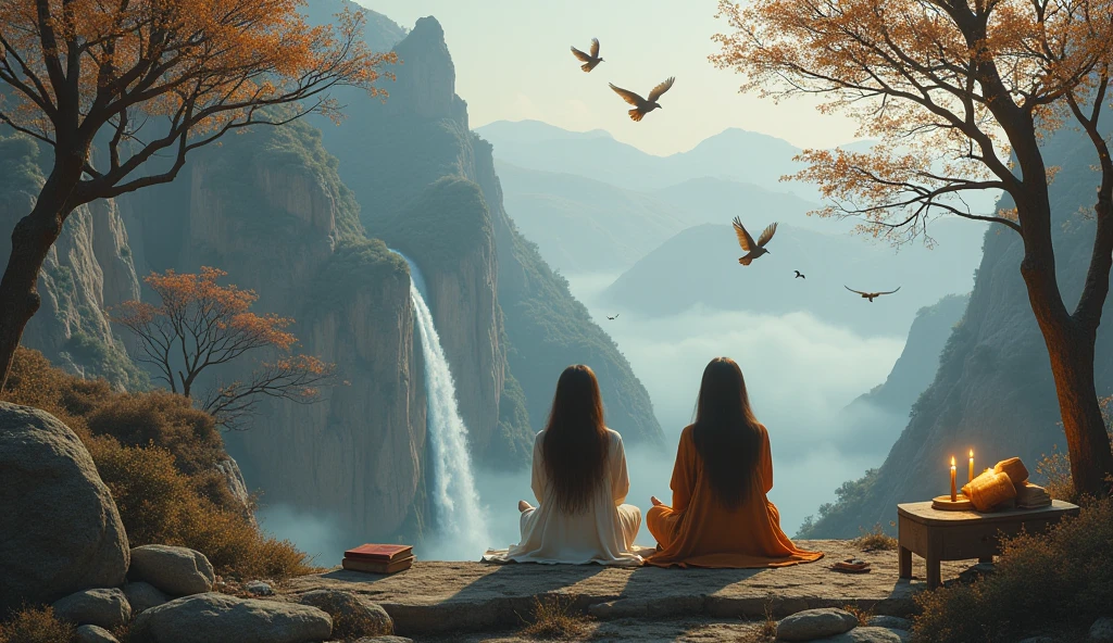 generate 2 person meditating on an ancient mountain next to a table with books and an ancient candle with a cat and in front there is a waterfall and brown birds flying with dry trees on one side and mature trees on the other