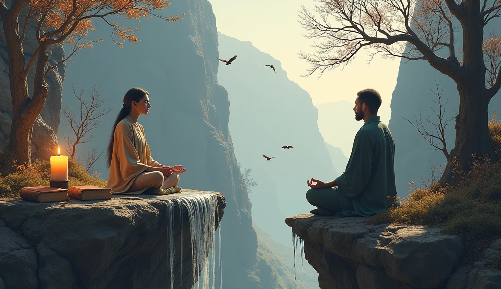 generate 2 person meditating on an ancient mountain next to a table with books and an ancient candle with a cat and in front there is a waterfall and brown birds flying with dry trees on one side and mature trees on the other