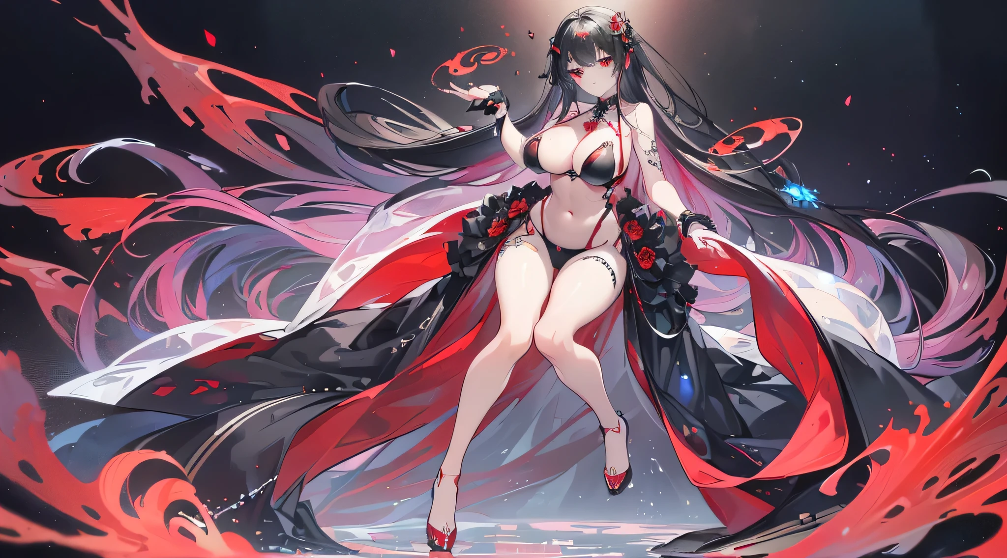 Exquisite eyes),(Clear and beautiful eyes:1.61),masterpiece, ung girl,(Black clothes and some red gems), Black long hair, (She has a huge red gem on her chest), Good Hand,((The Havoc of StarCraft)),full-body shot,Fighting Stance,(Red Eyes:1.466),short and small,(Very big breasts:1.35),(Pretty Face),(full-body shot:1.33),Beautiful hands