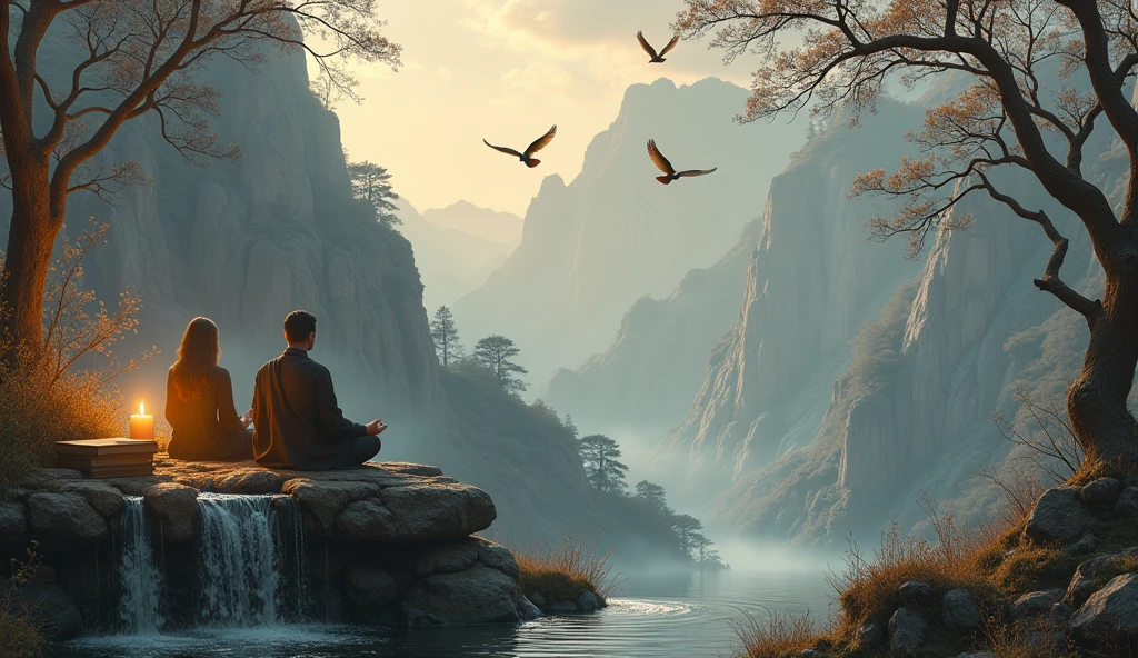 generate 2 person meditating on an ancient mountain next to a table with books and an ancient candle with a cat and in front there is a waterfall and brown birds flying with dry trees on one side and mature trees on the other