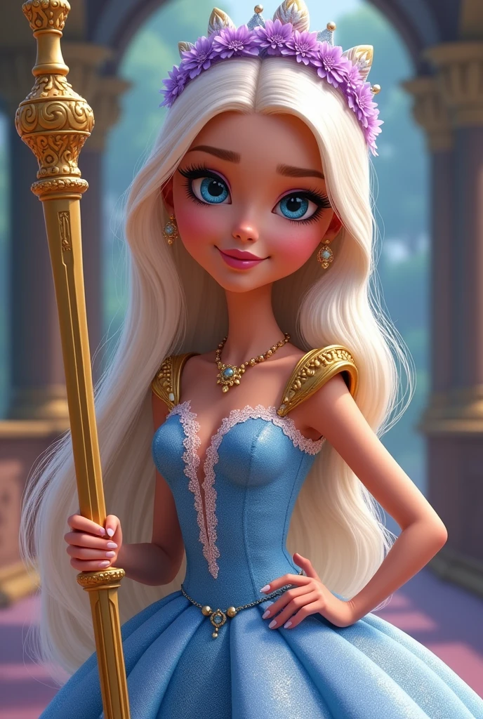 Imagem da filha da Darling Charming e da Holly O'Hair de Ever After High: Must have long, almost white blonde hair with blue highlights styled in loose waves and tied into a sleek ponytail, blue colored eyes, skin tanned, baby blue princess dress with baby pink, white and silver with gold shoulder straps, purple tiara flower crown and holding a golden sword, golden accessories