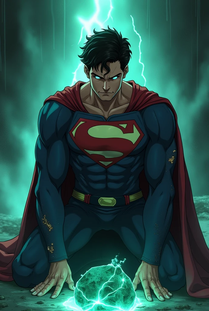 Clark Kent (Superman) being hypnotized into submission. Anime. muscular. revealing. torn hero suit. hypnotized. scared/worried. on his knees. Defeated. Hurt. Glowing eyes. Kryptonite. Close shot/up close.