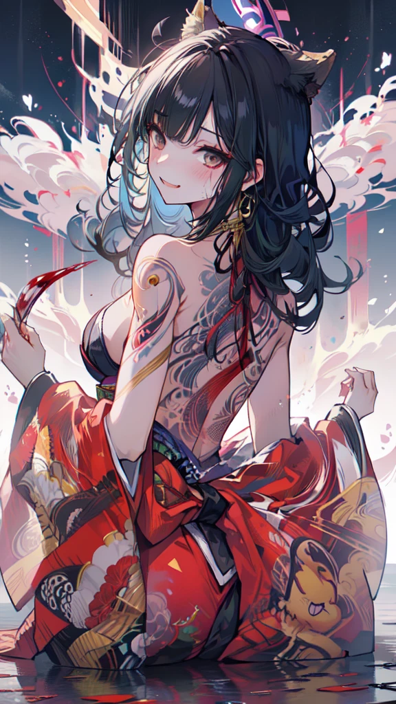 ((Japanese Gangster BOSS)), (((adult ogre with the dignified presence))), (((Killing Qi))), wear nothing around shoulder, wear nothing around neck, wear the kimono, wear it below the waist, I wind it up to control it, and to attach it,  ((kimono come off)) ,wear the kimono multiple times, black and gold kimono, put on over jacket of kimono, low angle, whole body, anime character, Glaring, off sholder, Excellent, can see both shoulder, long kimono hem, small face, big tattoo on the arm,muscular,((drink a japanese sake)), The kimono is spreading,ultra-detailed,super beautiful,Masterpiece,Intimidation, a person,Selfish person,dragon pattern,((((The background is Blood-soaked ground)))) ,on the Cobblestone,Imposing,colorful kimono,(((((Celestial maiden tattoo on the back))))), (((Hearty laughter))),colorful