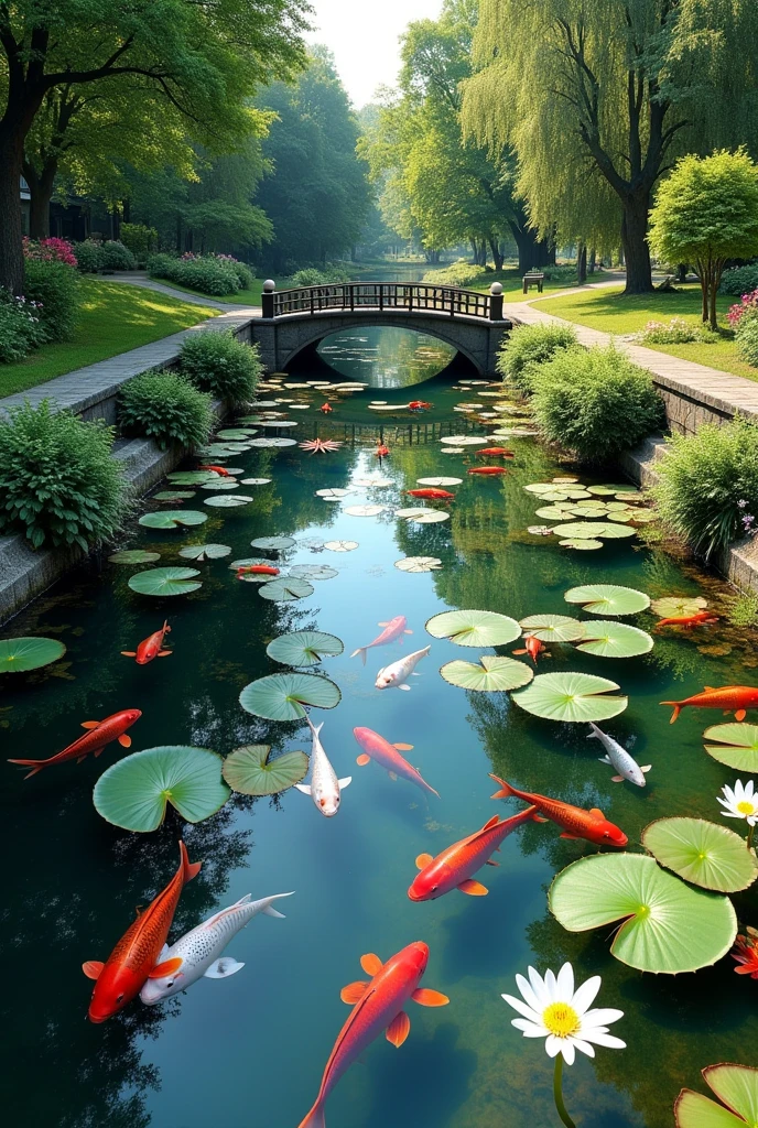 The shore of a clear pond with water lilies, colorful red, blue, and white carp, a small stream flowing into the pond, a small bridge over it, summer sunlight, bright summer flowers, a walkway around the pond, top quality images