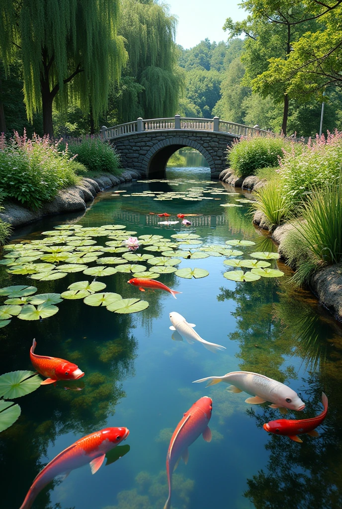 The shore of a clear pond with water lilies, colorful red, blue, and white carp, a small stream flowing into the pond, a small bridge over it, summer sunlight, bright summer flowers, a walkway around the pond, top quality images