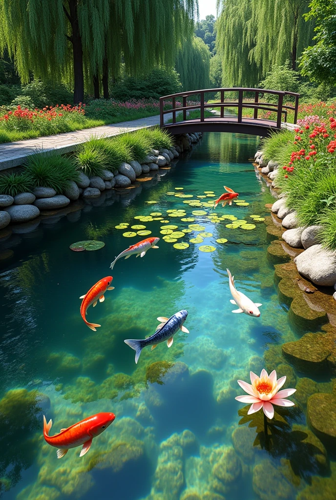 The shore of a clear pond with water lilies, colorful red, blue, and white carp, a small stream flowing into the pond, a small bridge over it, summer sunlight, bright summer flowers, a walkway around the pond, top quality images