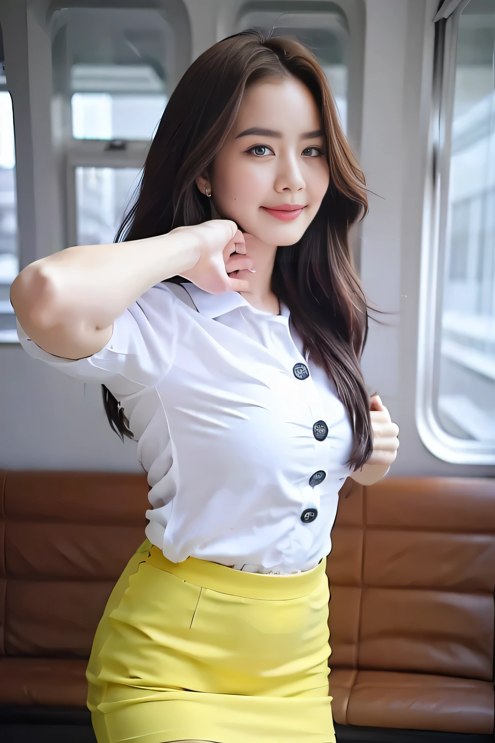 Close up,1 girl{{A beautiful woman wearing a white short-sleeved shirt and a short black pencil skirt}} , Standing in a sexy pose, on a train, the background is a train window with yellow seats.