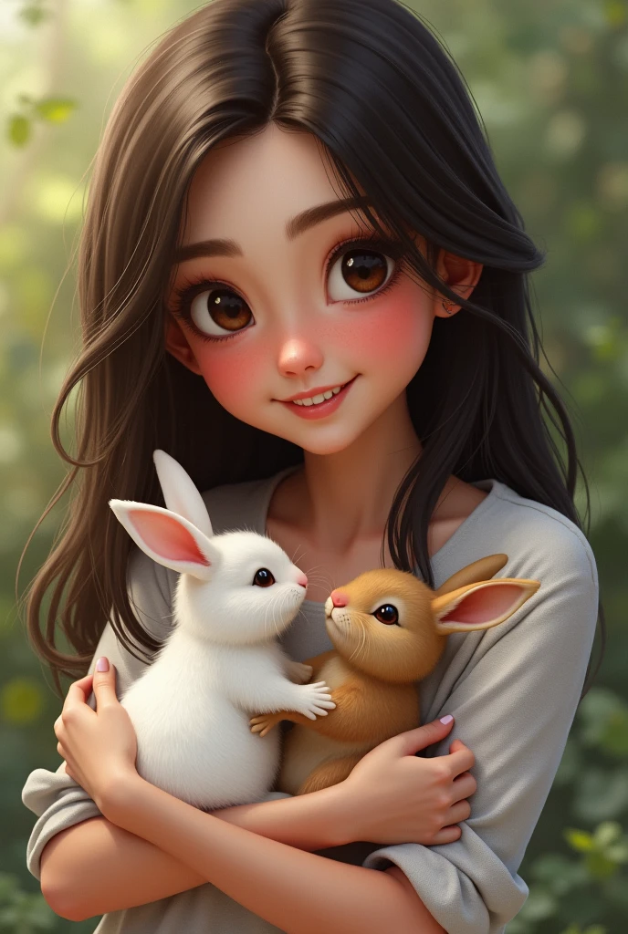 Draw me my daughter Océane who is , very dark brown long hair slightly wavy, beautiful cheekbones a frank smile so big and beautiful that her eyes crinkle, cuddling little bunnies