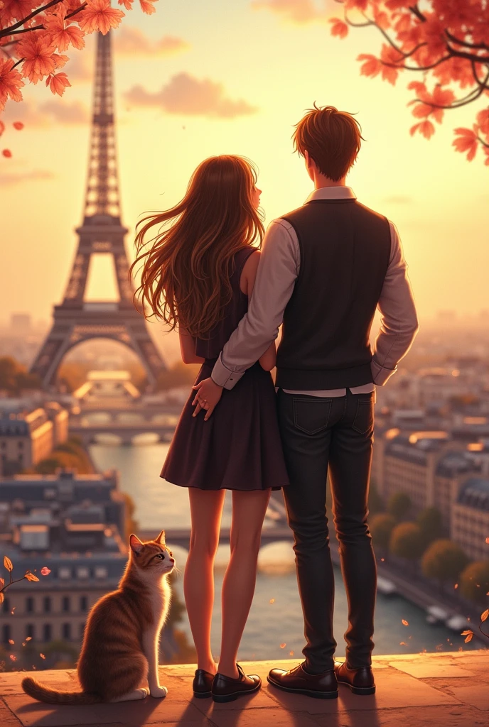Couple a paris avec chat (vue derriere et femme avec cheveux en balayage brun/blond)