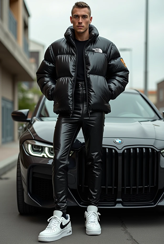 full view full body, white guy with light-brown undercut clean shaved haircut, golden rings, wearing full length shiny skintight rubber grass with a black North Face puffer jacket blistered with air and white Nike Air Force one, waiting standing beside bmw car