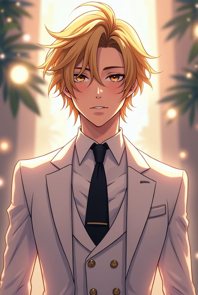 Anime art style, exquisite masterpiece showcasing Debonair Ezreal from League of Legends, elegantly clad in a tailored white suit that accentuates his refined persona, contrasting sharply with a classic black tie meticulously knotted, lustrous blonde hair styled impeccably, eyes radiating warmth and charm, dynamic pose suggesting movement and confidence, glimmering details in fabric texture captured with vibrant bold lines, background infused with a blend of soft pastels and shimmering effects, evoking a sense of wonder and excitement akin to a gala evening, central composition focusing on Ezreal in full-frame glory, delicate lighting emphasizing his features, creating captivating shadows that dance across the relevant attire, subtly illuminated by soft ambient glow reminiscent of sparkling city lights, the atmosphere tinged with an adventurous spirit and charisma, signature League of Legends flair, cell shading technique enhancing depth and vibrancy, meticulous detailing in the caricatured expression, embodying a combination of elegance and youthful audacity, showcasing the intricate anime stylistic through dynamic lines and artistic flair, enveloping viewers in a world where elegance meets heroic adventure
