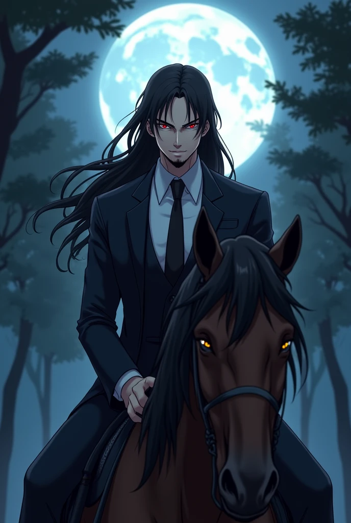 Anime Young man with a beard.  BLACK LONG HAIR crimson eyes  his sharply tailored suits and the cruel smirk that never left his lips. His voice, smooth and menacing, was rumored to hold a chilling edge, capable of slicing through steel and leaving a trail of dread in its wake. On a horse during a night with moonlight in a forest 