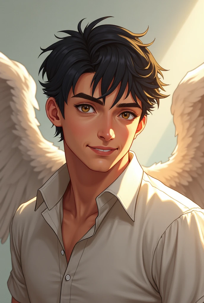 Donanet is a tall, robust man with a friendly smile and a relaxed demeanor.. His hair is black and short, and her light brown eyes are expressive and warm. He is a level 3 angel, with four powerful wings and supernatural beauty. The image is half-body and hyperrealistic in style..