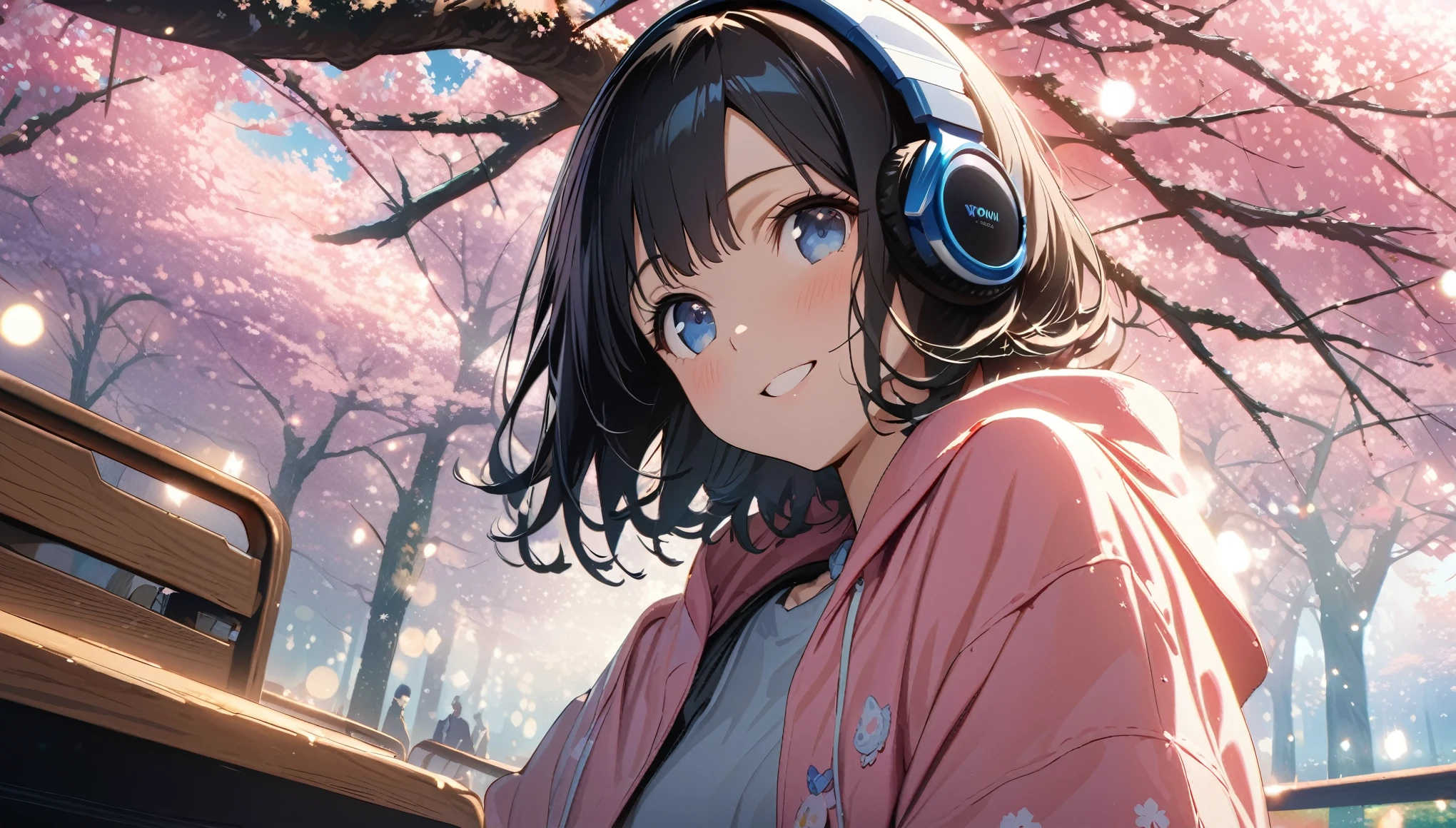 ((ultra-detailed))/(one women with short black hair and bob hair.、beautiful blue eyes,.、smile、gentle smile on her face、flat chest, one Beautiful girl,((masterpiece, illustration, best quality) ((ultra-detailed))/)Masterpiece\,wearing headphones and sitting under the japenese cherry blossom trees while wearing pink hoodie, day time,濃い青とBeautiful Blueのグラデーション, High resolution, 8K HD detail, hyper-detail, cinematic, surrealism, soft light, deep field focus bokeh, ray tracing and surrealism. --v6'
