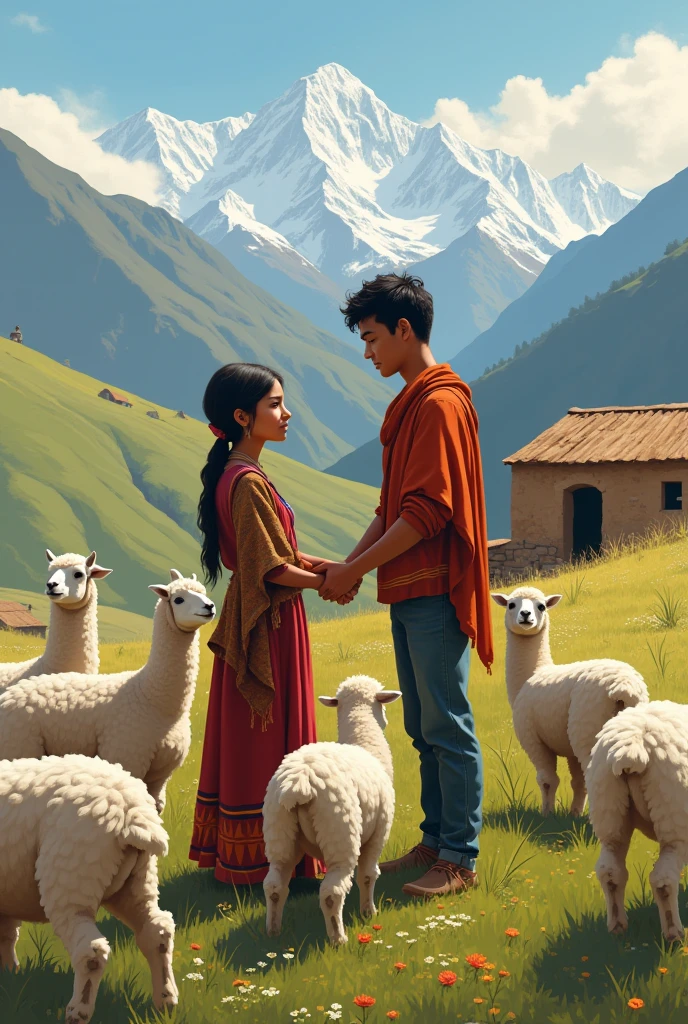 A 20-year-old young woman from the Peruvian Andes grazing many alpacas meeting a young man also from the Peruvian Andes, 1 , poor peasant grazing other people&#39;s animals . They both fall in love 