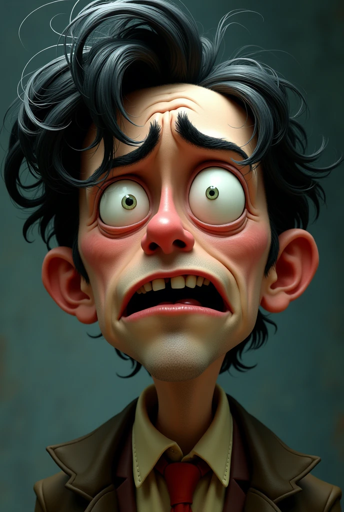 Create an image of The painting is completely centered on the narrator&#39;s face. The details are very close, capturing every nuance of her expression. The image shows the narrator with a frantic look, Large, bulging eyes reflecting palpable anguish. His pupils are dilated, and his eyebrows are raised in a grimace of despair. - that it is a cartoon and he is a handsome man Tim Burton style